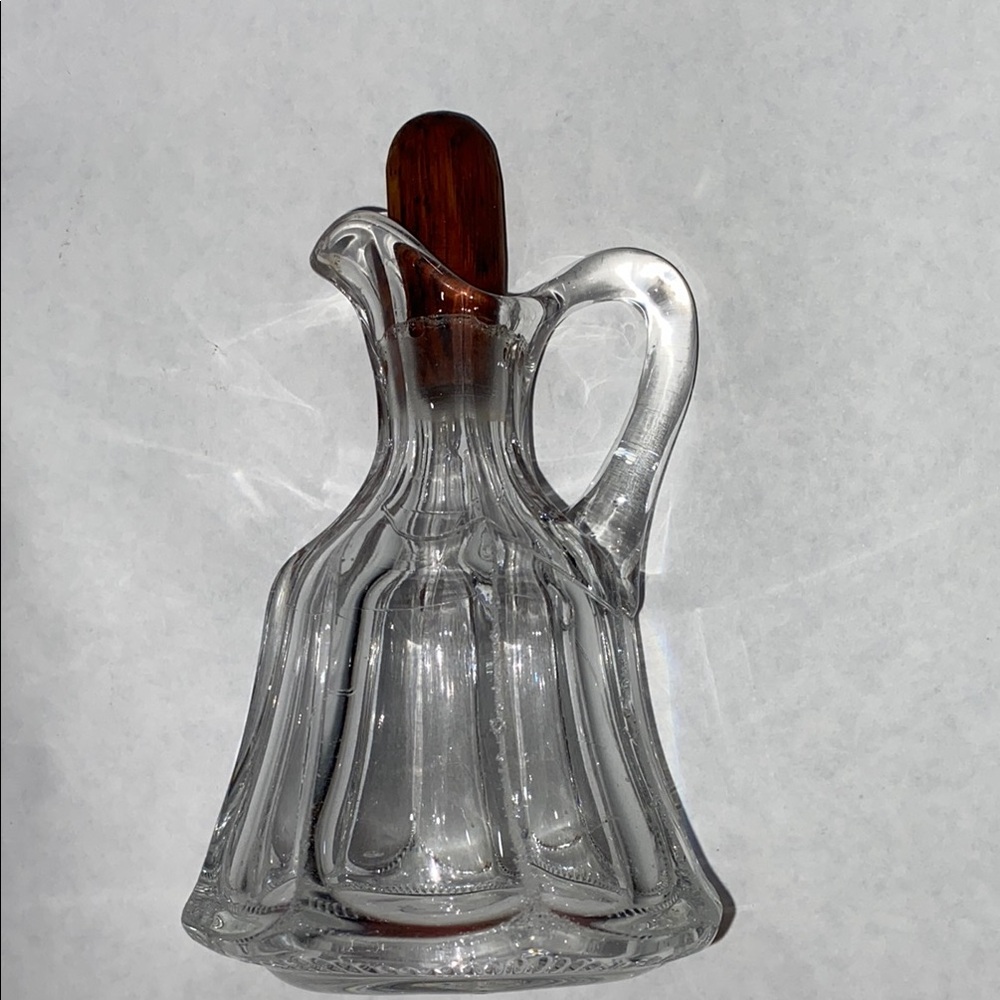 4.5” Clear Glass cruet syrup Pitcher with Wooden Handle mid century vintage